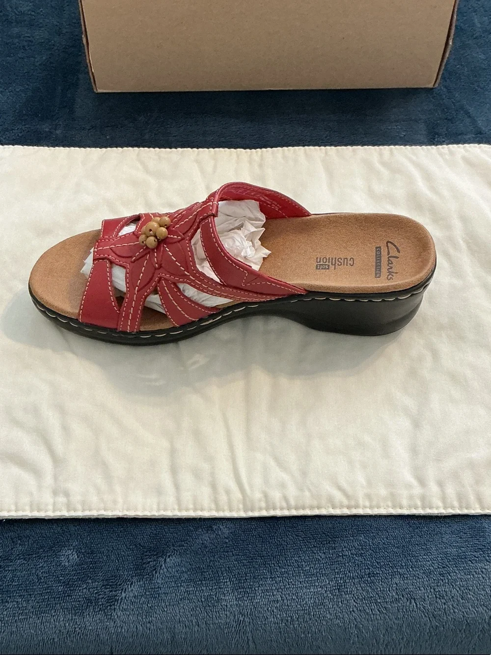 Clarks Red Leather Slide Sandal with Floral Bead Accent